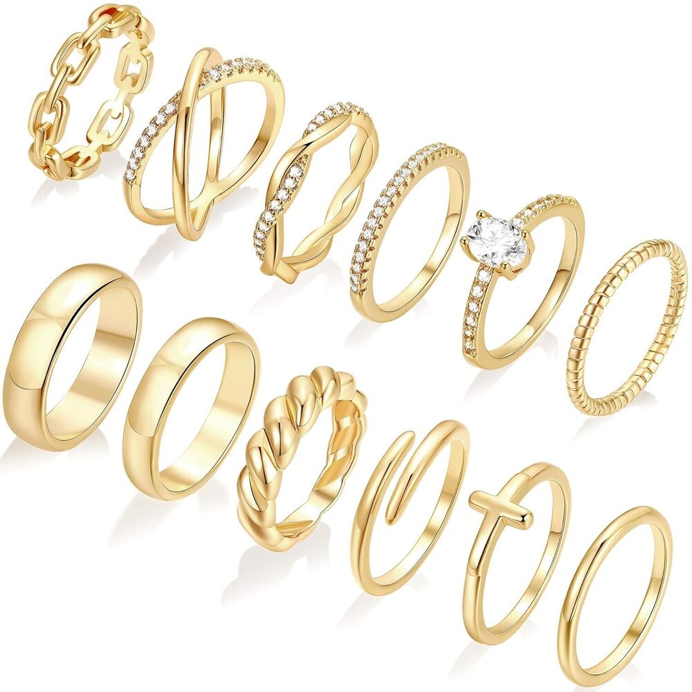 12 PCS Dainty 14K Gold Rings for Women, Eternity Open Chunky Twist